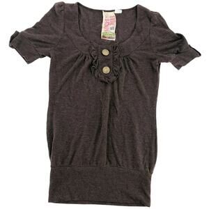 Fresh Brewed Tunic Sweater Womens Size L Brown Y2K Preppy Short Sleeve USA Made